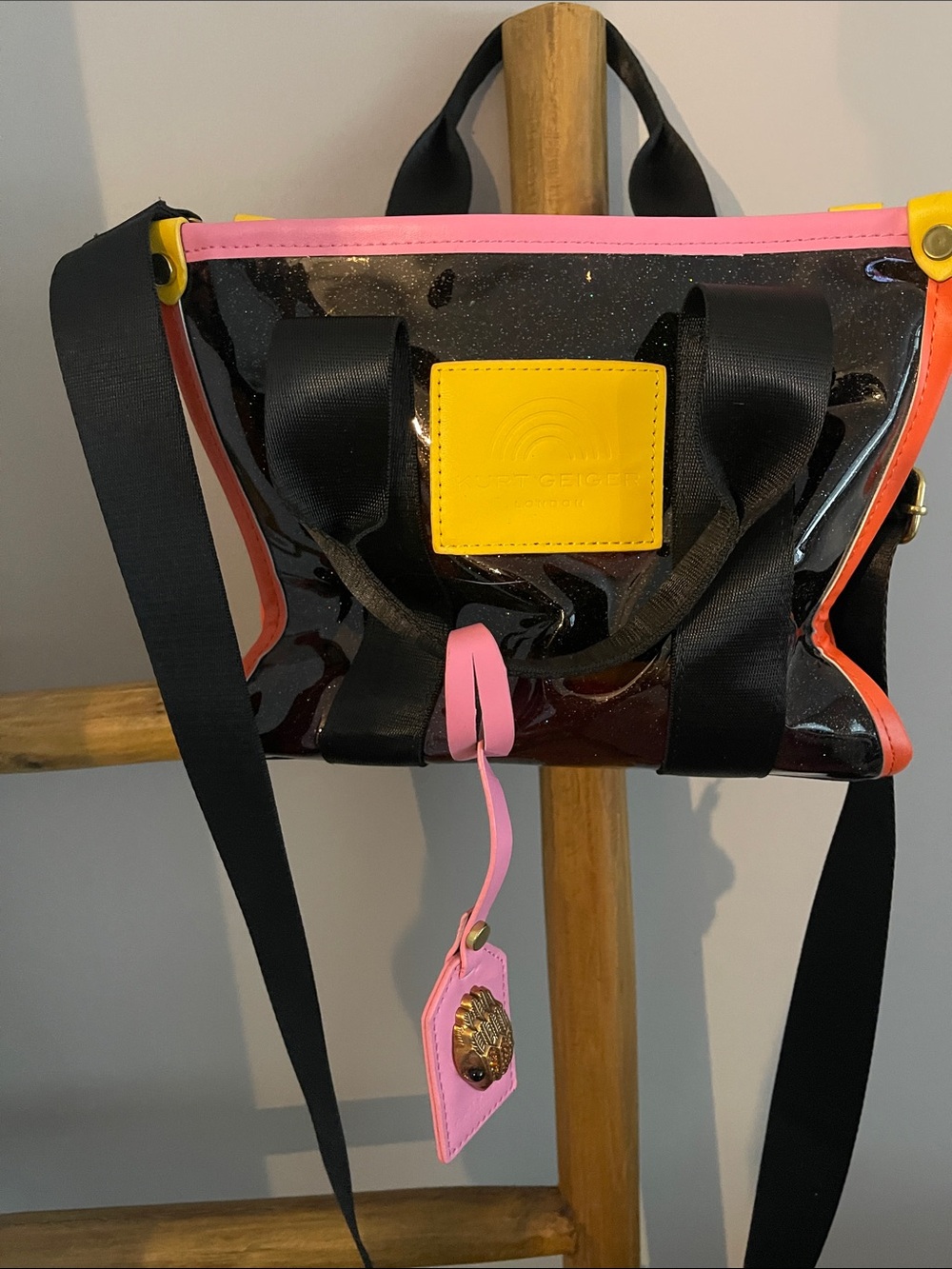Kurt Geiger Black Clear Crossbody with Pink, Yellow & Orange Trim